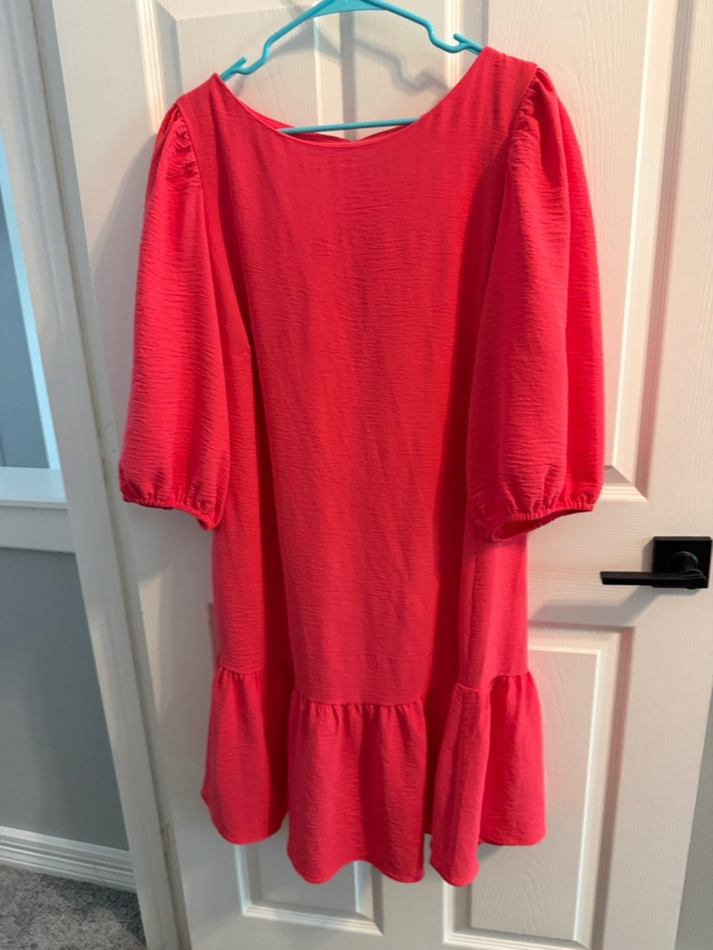 DKNY Coral Pink Midi Dress with Puff Sleeves